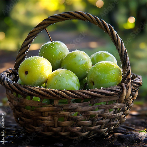 A closeup of a rustic woven basket filled with large plump and fresh green plums slightly covered in dewdrops The plums have a vibrant green hue appearing juicy and highly appetizin