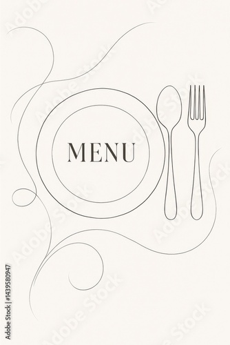 A minimalist, elegant restaurant menu design featuring a close-up shot of a plate, spoon, and fork arranged in a sophisticated manner, with flowing lines surrounding them.