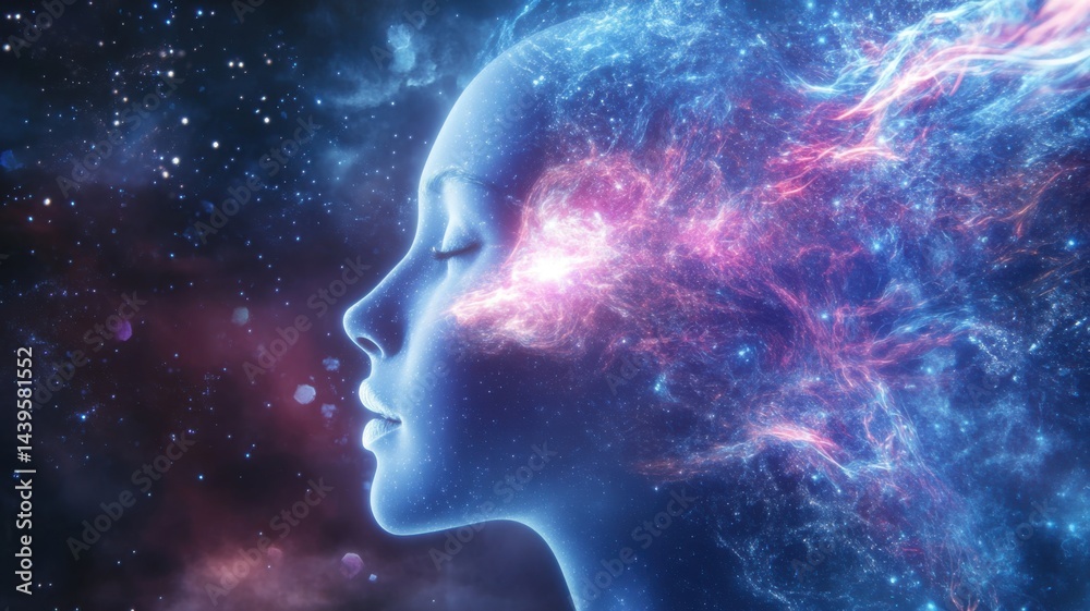 A serene face blends into a cosmic nebula, symbolizing imagination, dreams, and the universe within the mind. A serene face blends into a cosmic nebula, symbolizing imagination, dreams, and the universe within the mind.