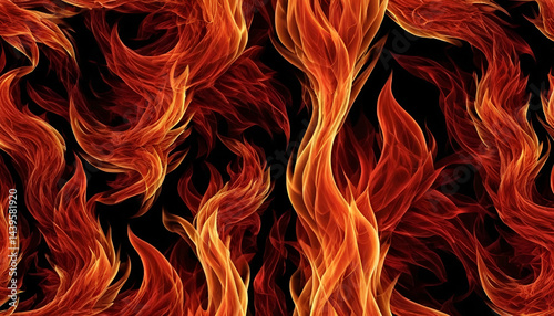 Fiery flames pattern on black background.  Detailed, realistic depiction of burning flames.  Vibrant colors