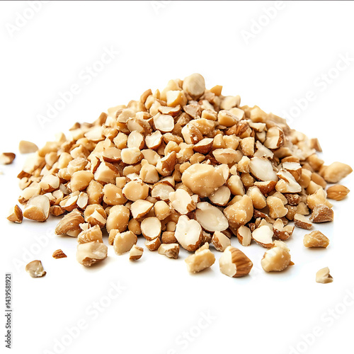 a pile of very small chopped hazelnuts side view white background