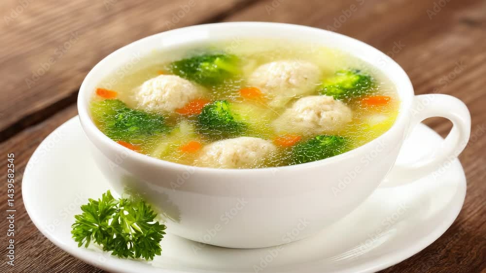 Bowl of light chicken meatball soup with broccoli and carrots on a rustic wooden background, healthy eating, close-up studio shot. Bowl of light chicken meatball soup with broccoli and carrots on a rustic wooden background, healthy eating, close-up studio shot.