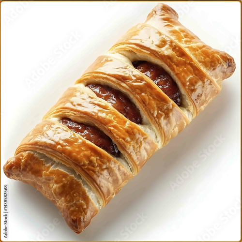 A greggs sausage roll top view white background studio light realistic