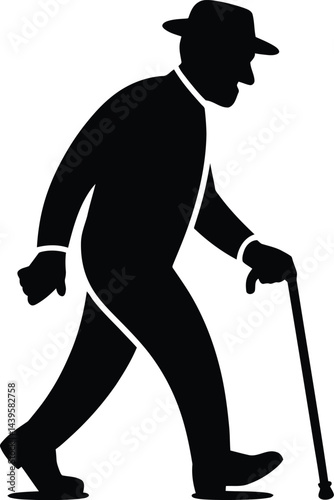 Silhouette illustration of senior man with hat walking with cane for mobility assistance