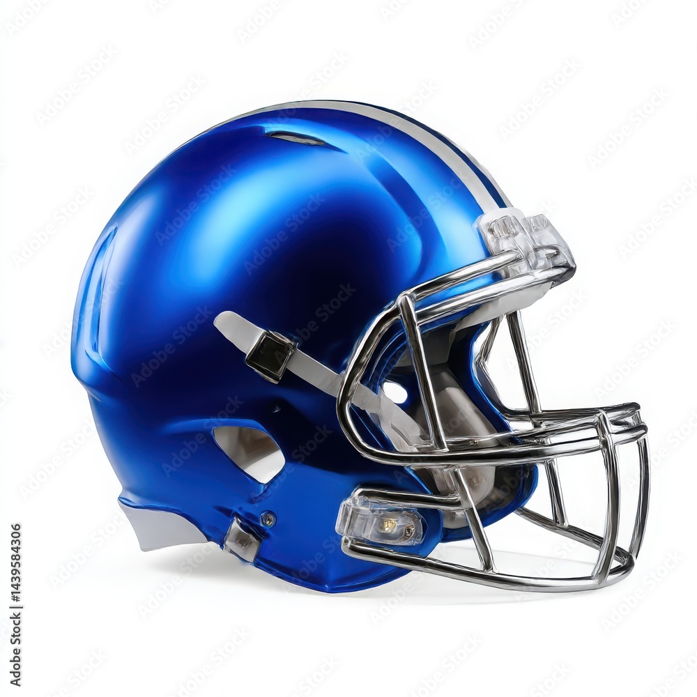 Fototapeta premium A shiny blue football helmet with silver stripes on isoleted white background