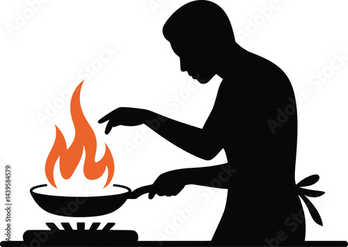 Silhouette of chef cooking with flames emanating from a pan on a stove burner