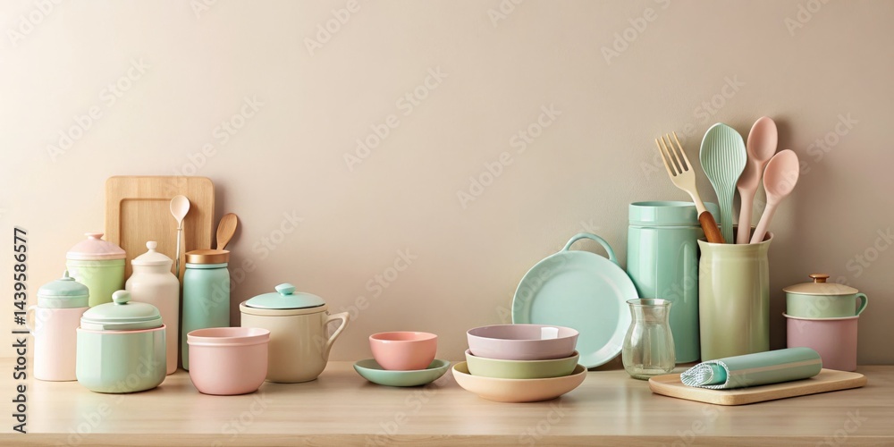 Pastel Kitchenware and Utensils Arranged on a Light Wood Countertop Against a Neutral Background Pastel Kitchenware and Utensils Arranged on a Light Wood Countertop Against a Neutral Background