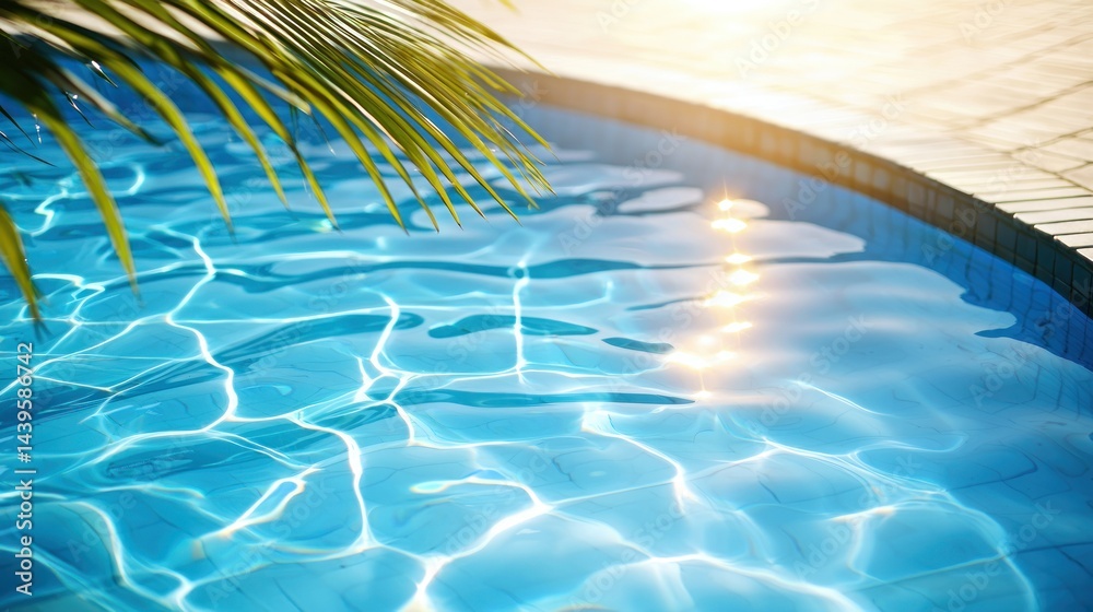 Obraz premium Pool water sparkles with sun, palm leaf detail