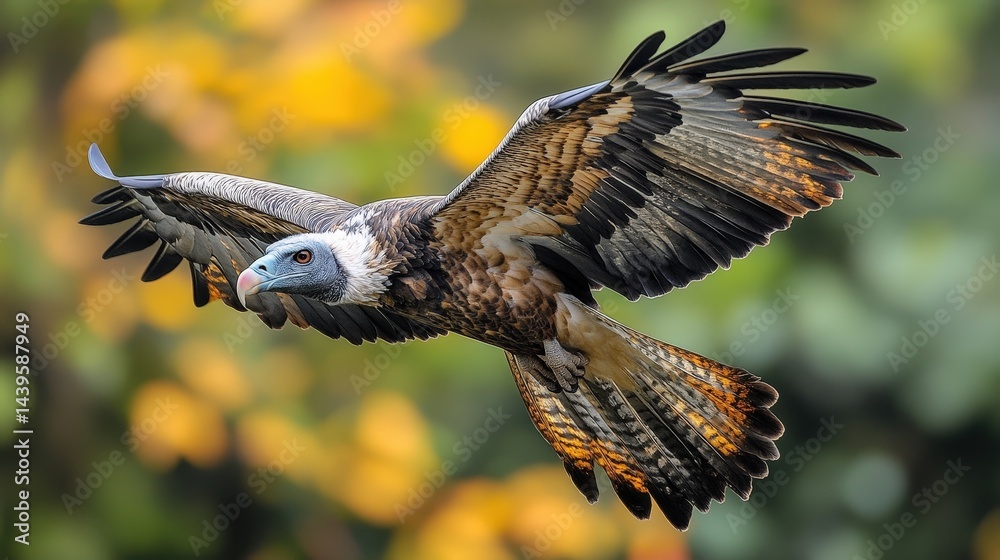 Fototapeta premium A magnificent bird of prey soaring through autumnal foliage.