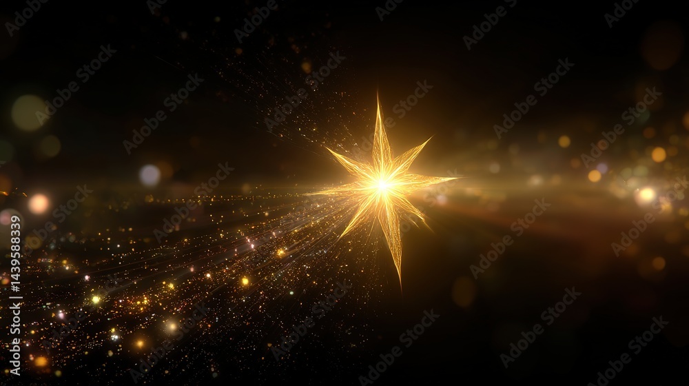 Naklejka premium Golden star-shaped light with glowing particles in cosmic darkness, evoking celestial wonder and mystery 