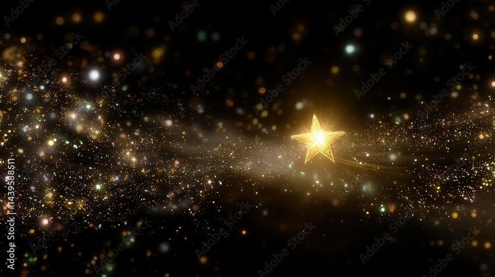 Naklejka premium Golden star-shaped light with glowing particles in cosmic darkness, evoking celestial wonder and mystery 