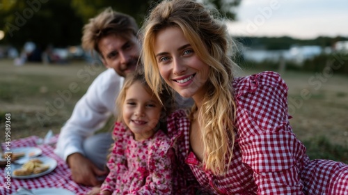 Happy Family Enjoying Outdoor Picnic on a Beach with Smiling Faces and Delicious Food photo