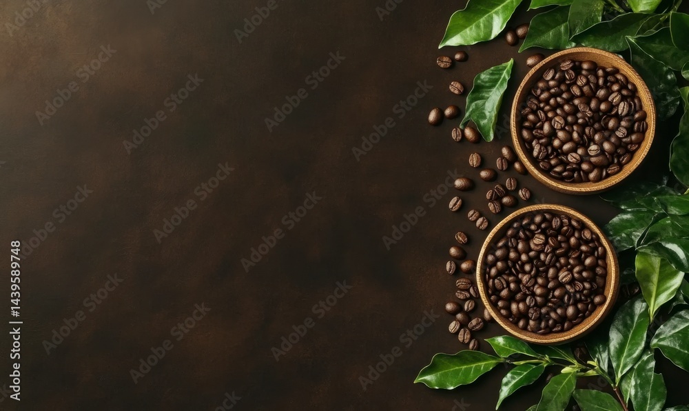 Fototapeta premium Fresh Coffee Beans with Green Leaves on Dark Background