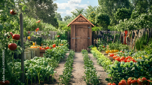 Picturesque Vegetable Garden with Wooden Shed