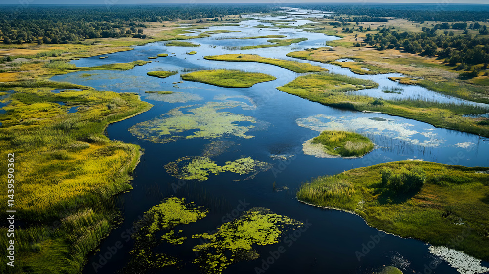 Stunning Aerial View of a Serpentine River Flowing Through Lush Green Meadows Stunning Aerial View of a Serpentine River Flowing Through Lush Green Meadows