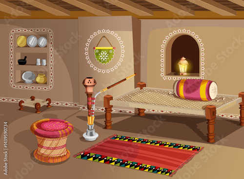 Rural Mud House Living Room Interior. Charpai with Large Pillow, Hookah, Woven Bamboo Stool Mudha. Desi Village Home Background