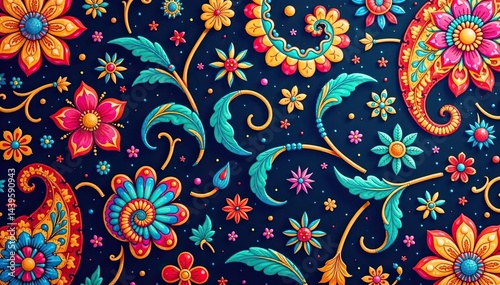 Intricate paisley floral pattern in vibrant hues, luxury, design, paisley