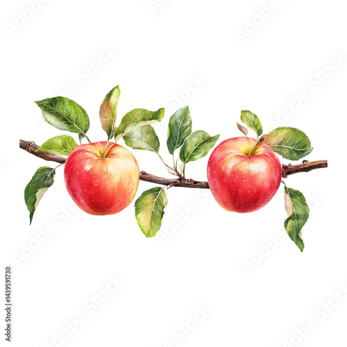 Fresh red apples on branch with green leaves, symbolizing natures bounty