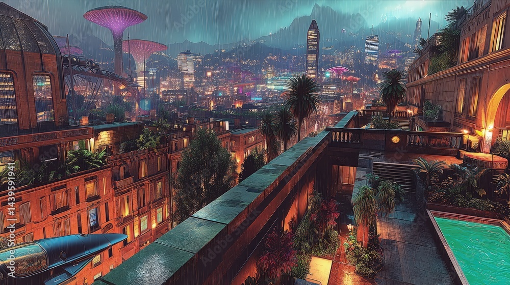 Obraz premium Futuristic Cityscape with Rooftop Pool and Rain