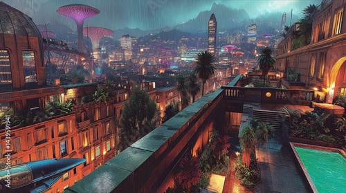 Futuristic Cityscape with Rooftop Pool and Rain