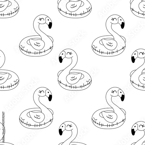 Black and white seamless pattern of flamingo float for beach and pool party