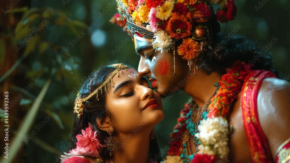 Janmashtami. A scene young man and woman dressed up as Radha and Krishna, showcasing love, culture, and spiritual connection in an enchanting outdoor setting surrounded by nature.