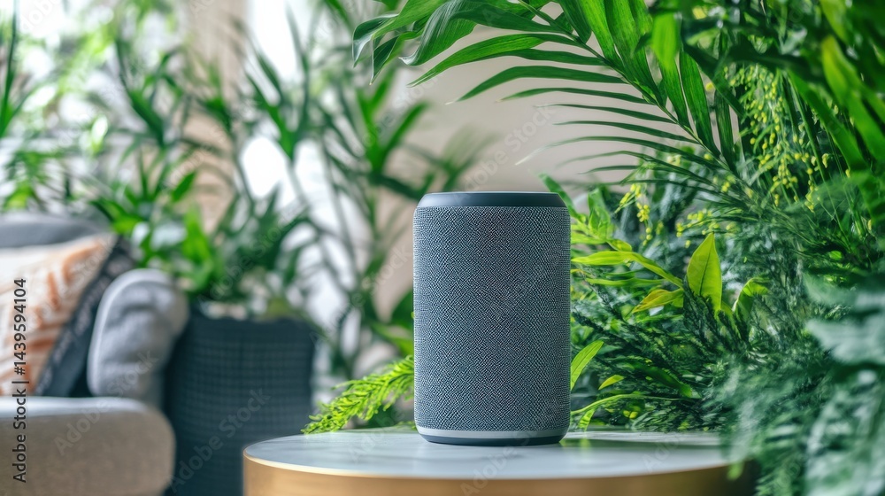 Modern Smart Speaker Surrounded by Lush Green Plants in a Cozy Living Room Environment Modern Smart Speaker Surrounded by Lush Green Plants in a Cozy Living Room Environment