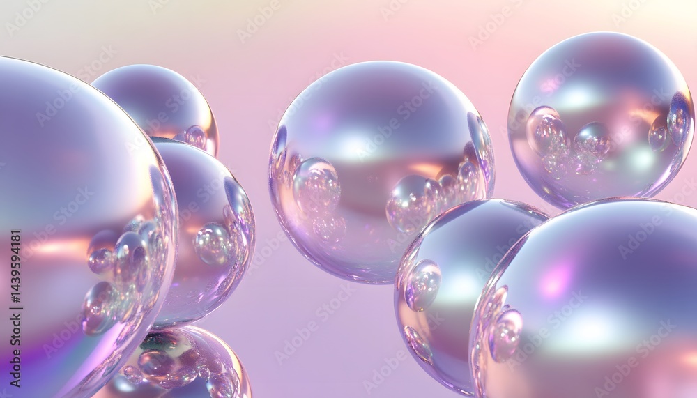 Shiny reflective spheres floating and reflecting pastel colored light Shiny reflective spheres floating and reflecting pastel colored light