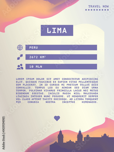 Lima, Peru vector infographics, brochure layout. Guide, leaflet, flyer, advertising graphic template with text, information, city skyline shape. Page, festival, cover mock up image
