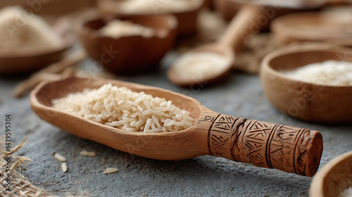 Aromatic Rice in Wooden Scoop: showcasing the essence of wholesome grain, spilling from a decorative wooden scoop, surrounded by an assortment of ceramic bowls, a visual ode to culinary heritage.