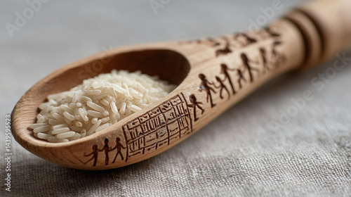 Rice and Wooden Spoon: Detailed close-up of long grain rice, perfectly presented within a handcrafted wooden spoon with intricate carvings, symbolizing nourishment and cultural artistry.