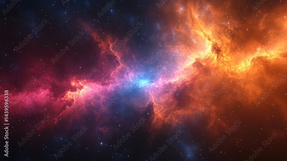 Fototapeta premium Cosmic Collision: Stunning Nebula with Vibrant Colors and Starry Field nebula space universe galaxy