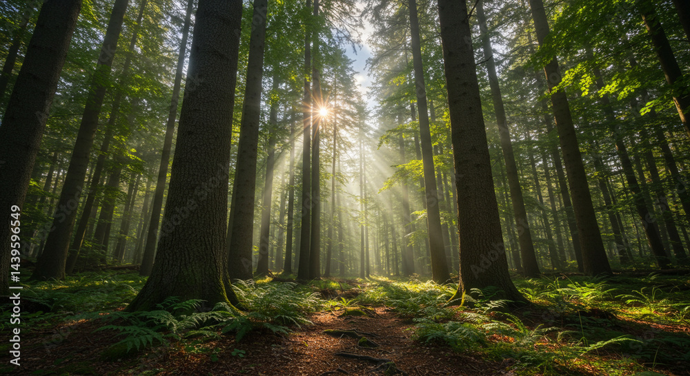 Obraz premium Enchanting Sunlight Illuminating a Dense Forest Canopy during a serene morning