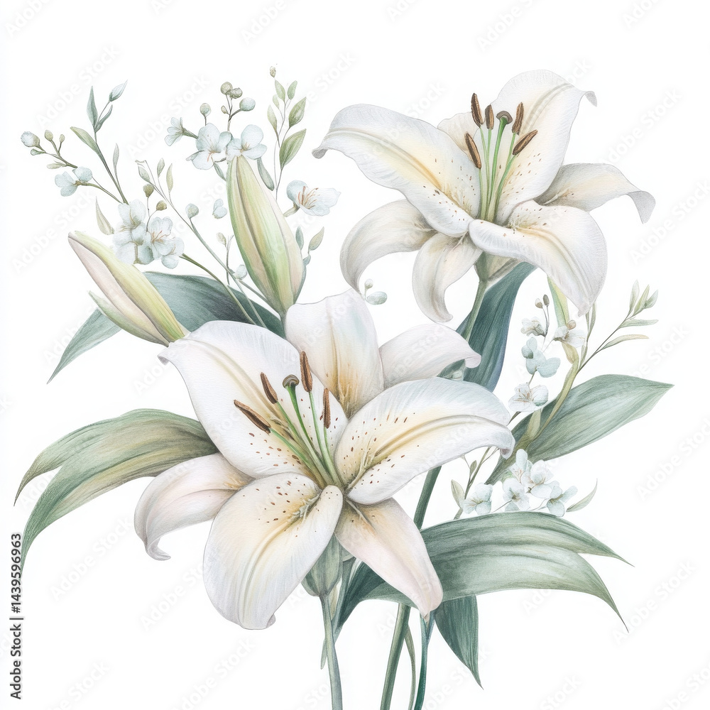 Obraz premium White lily evokes gentle beauty in soft watercolor illustration