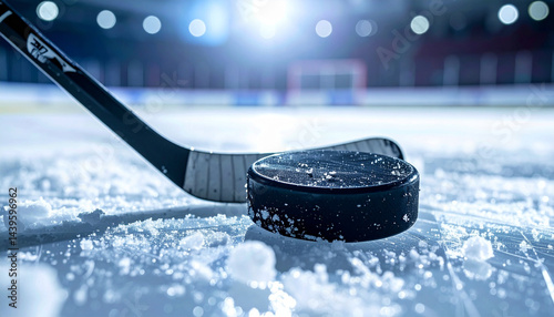 Ice hockey stick and a puck ready for a game on the ice