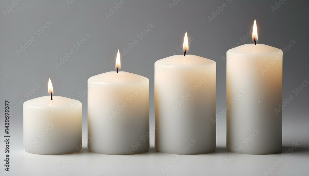 Four elegantly arranged white candles with softly glowing flames, creating a serene atmosphere. Four elegantly arranged white candles with softly glowing flames, creating a serene atmosphere.