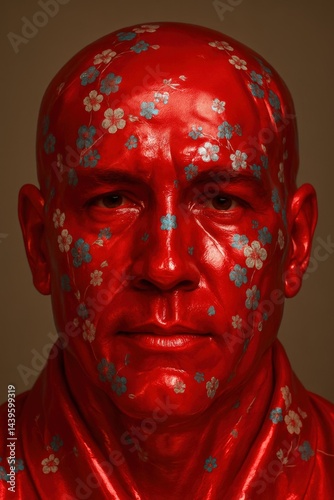 Male figure with vibrant red face paint adorned with delicate floral patterns, showcasing intricate artistry and cultural expression in a striking portrait setting 