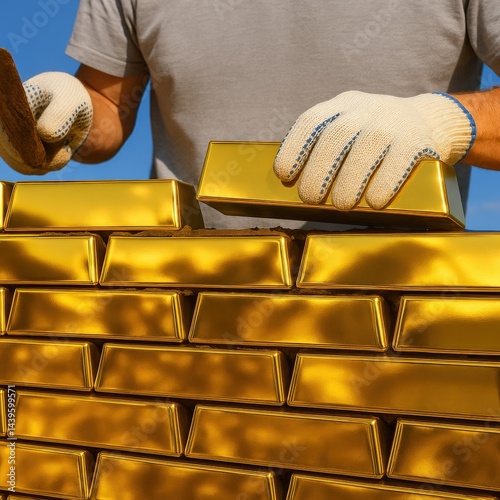 Skilled worker in protective gloves carefully stacking shiny gold bars with precision, showcasing craftsmanship and dedication to quality in a bright outdoor setting under clear blue skies