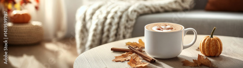 cozy mug of pumpkin latte sits on elegant table, surrounded by autumn leaves and small pumpkin, evoking warm and inviting atmosphere perfect for fall
