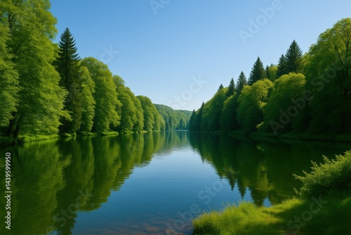 Serene landscape featuring a tranquil river reflecting lush green trees under a clear blue sky, creating a peaceful atmosphere in a natural setting with vibrant colors and harmony