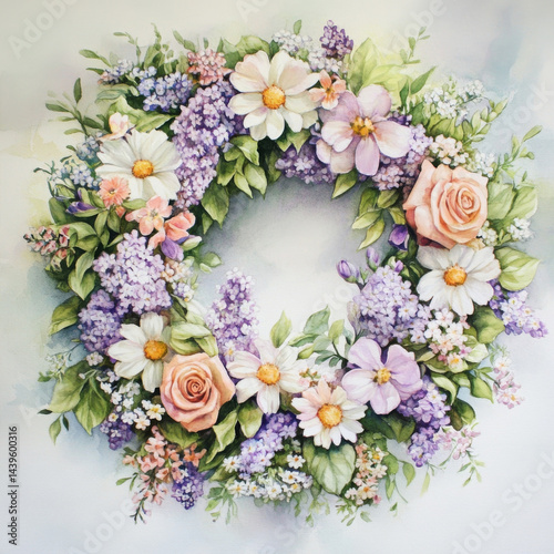 Watercolor wreath bursts with vibrant beauty, evokes sense of serenity