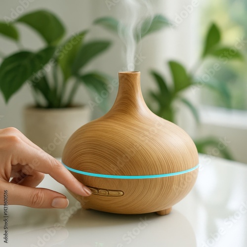 Elegant wooden essential oil diffuser with soft blue light, releasing fragrant steam, placed on a bright table surrounded by lush green plants, creating a calming and serene atmosphere
