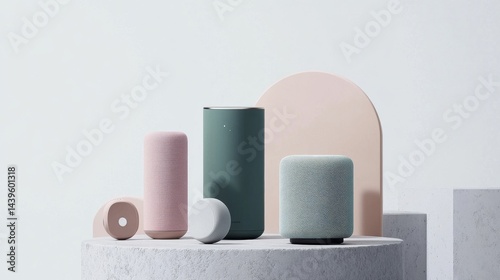 Stylish Modern Smart Speakers in Soft Pastel Colors on Minimalist Display Surfaces