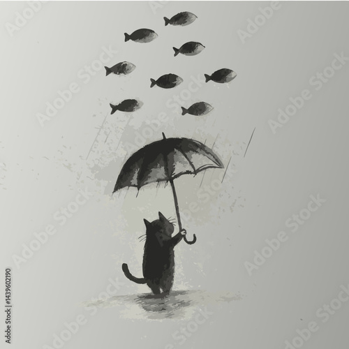 Cat holding umbrella under falling fish  