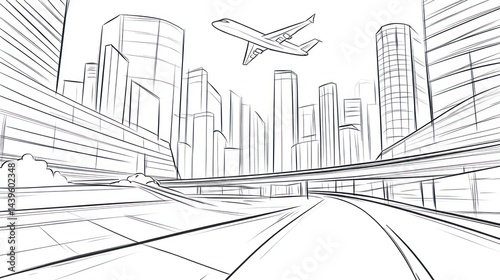 Urban Skyline Sketch with Airplane, Architectural Perspective, Cityscape photo