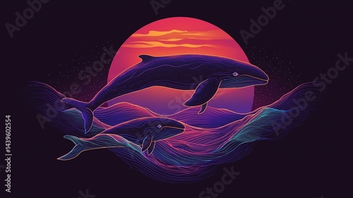 Whale Silhouette at Sunset: Majestic whales leap against a vibrant sunset, painting a scene of aquatic grace and harmony, the silhouette of the whales evoke a sense of wonder.