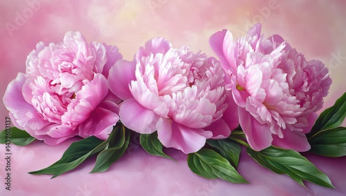 Wallpaper Mural Three blush pink peonies with lush green leaves, arranged on a soft pink background Torontodigital.ca