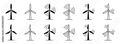 Windmill vector icons. Wind turbine icons. Wind power icons. Wind turbine vector silhouettes. Alternative energy symbols. EPS 10