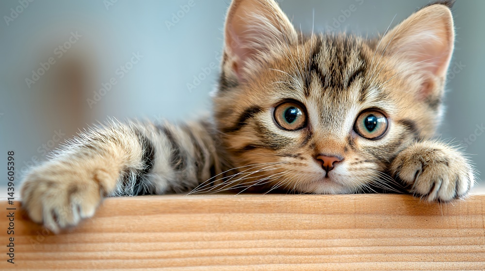 Adorable Kitten Looking at Camera Close Up on Wooden Surface Adorable Kitten Looking at Camera Close Up on Wooden Surface