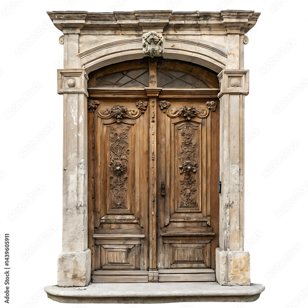 Fototapeta premium Ornate antique wooden double door with stone frame